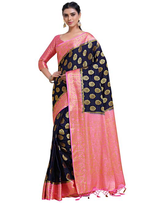 navy art silk kanjivaram saree with blouse - 18214740 - Very Small Image - 1