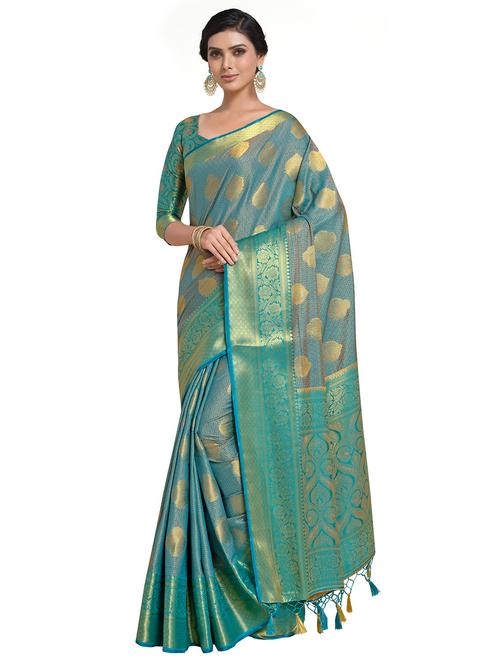 turquoise art silk kanjivaram saree with blouse - 18214792 - Very Small Image - 1