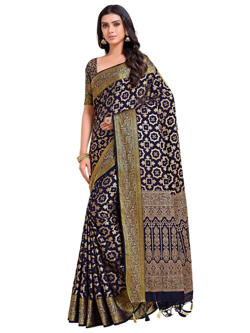 navy art silk kanjivaram saree with blouse - 18214817 - Very Small Image - 1