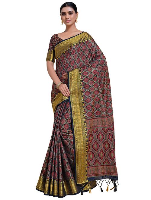 women's self design navy blue colored saree with blouse - 18214833 - Very Small Image - 1