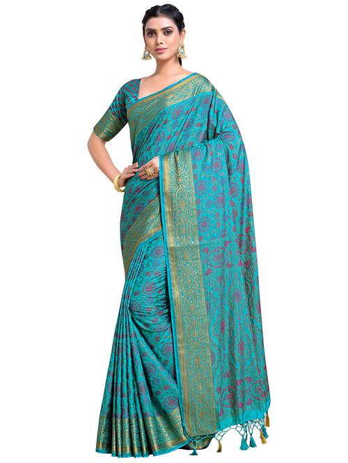 turquoise art silk kanjivaram saree with blouse - 18214891 - Very Small Image - 1
