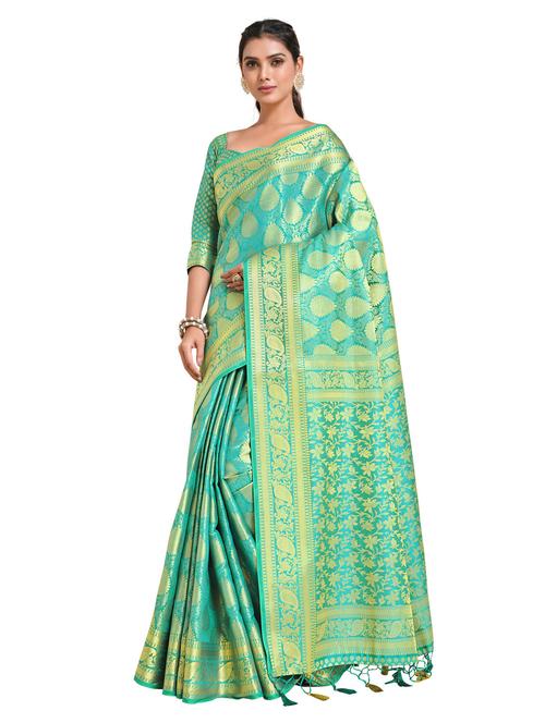 turquoise art silk kanjivaram saree with blouse - 18214916 - Very Small Image - 1