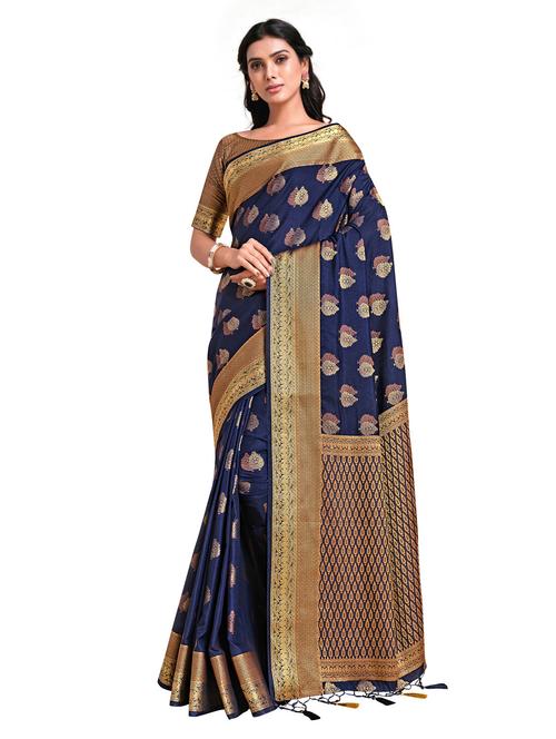 navy art silk kanjivaram saree with blouse - 18214934 - Very Small Image - 1