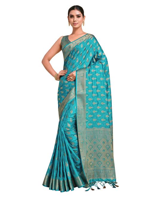 turquoise art silk kanjivaram saree with blouse - 18214951 - Very Small Image - 1