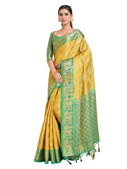 yellow art silk kanjivaram saree with blouse - 18214964 - Very Small Image - 1