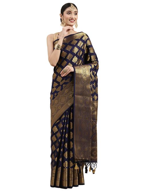 navy art silk kanjivaram saree with blouse - 18215022 - Very Small Image - 1