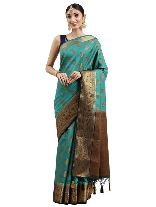 turquoise art silk kanjivaram saree with blouse - 18215044 - Very Small Image - 1