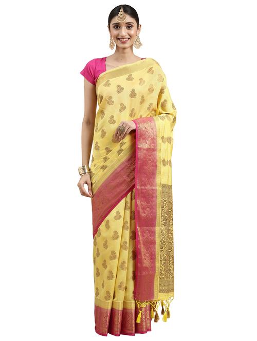 women's self design mellow yellow colored saree - 18215046 - Very Small Image - 1