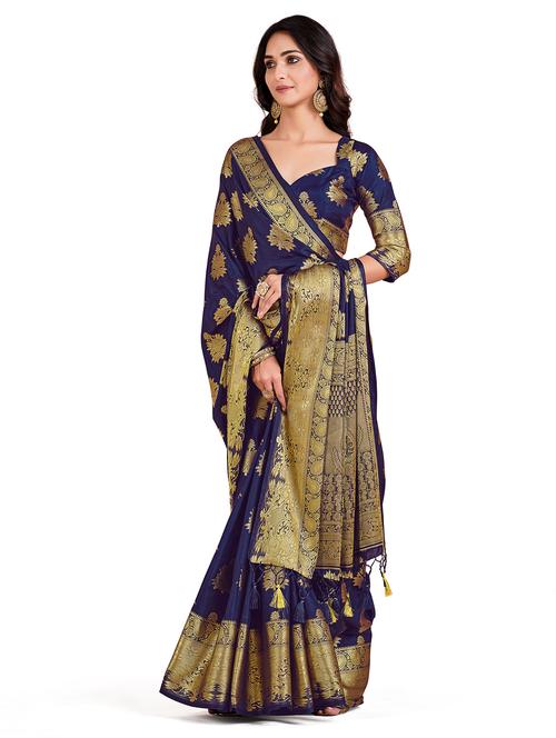women's self design navy blue colored saree with blouse - 18215053 - Very Small Image - 1