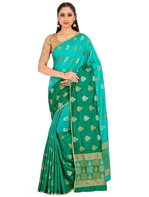 turquoise linen banarasi saree - 18215067 - Very Small Image - 1