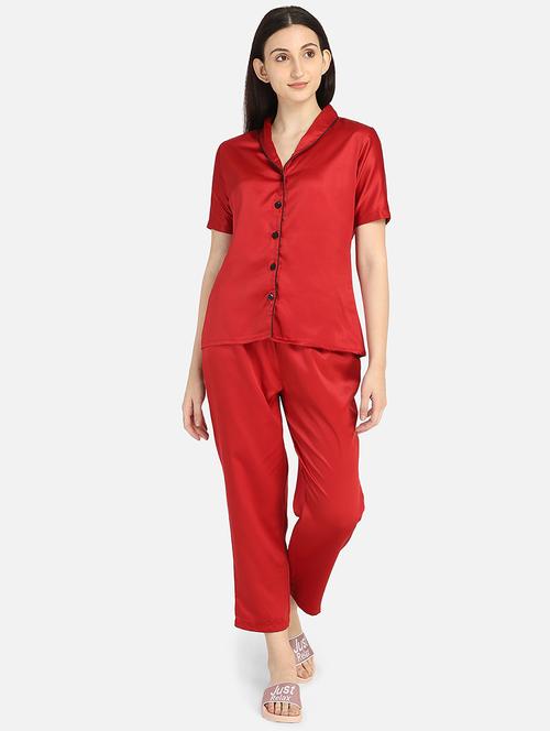 lapel collar solid nightwear pajama set - 18215642 - Very Small Image - 1