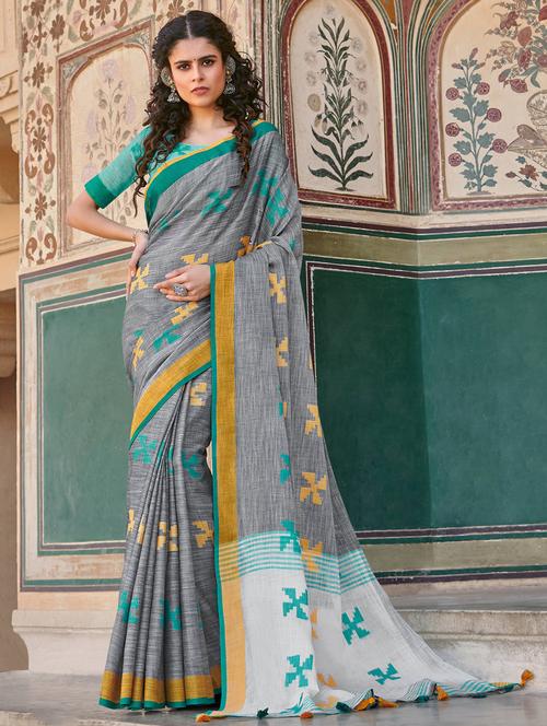 grey linen saree - 18215865 - Very Small Image - 1