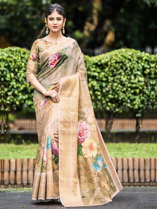 women's floral beige colored saree with blouse - 18215888 - Very Small Image - 1