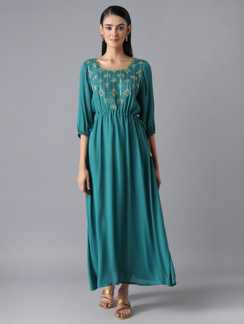 green solid flared ethnic dress - 18216514 - Very Small Image - 1