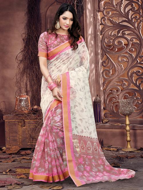 contrast bordered printed saree - 18216832 - Very Small Image - 1