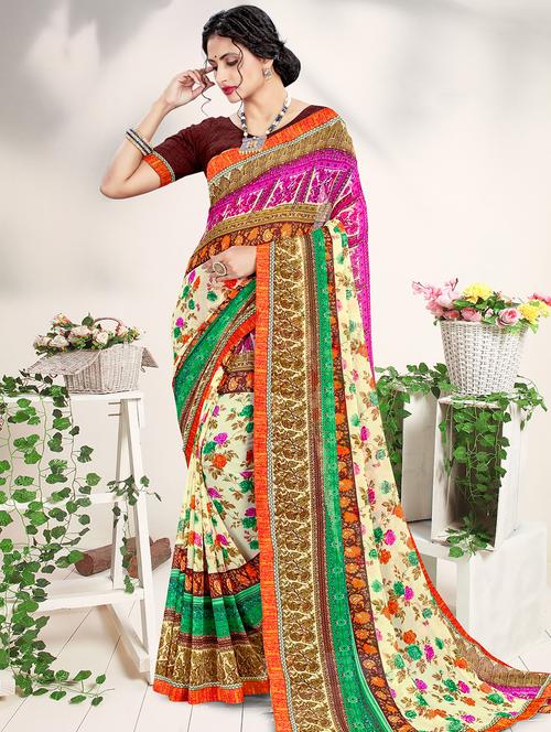 contrast bordered printed saree - 18216849 - Very Small Image - 1