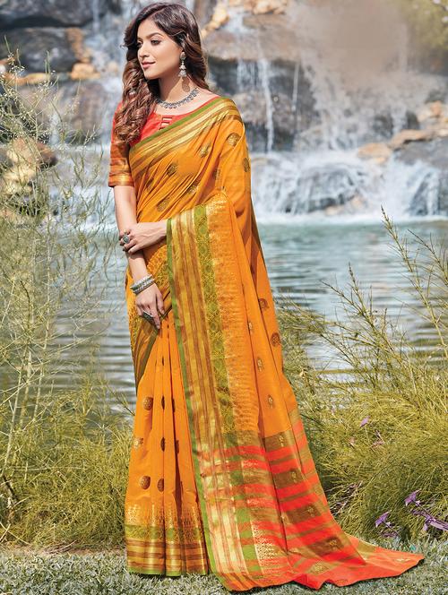 golden zari work woven saree - 18216860 - Very Small Image - 1