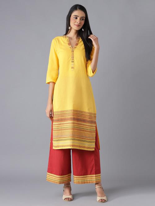 yellow cotton kurta palazzo set - 18216928 - Very Small Image - 1