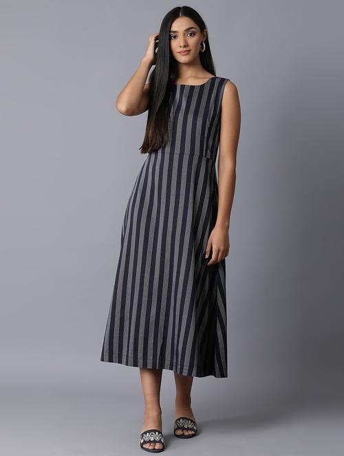 dark blue stripe flared ethnic dress - 18216968 - Very Small Image - 1