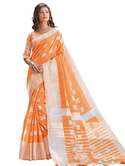 orange linen saree - 18217399 - Very Small Image - 1
