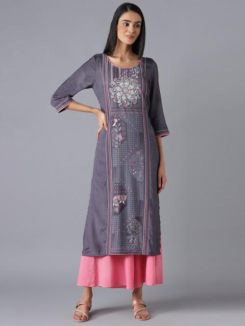 grey round neck three quarter sleeve kurta palazzo set - 18217577 - Very Small Image - 1