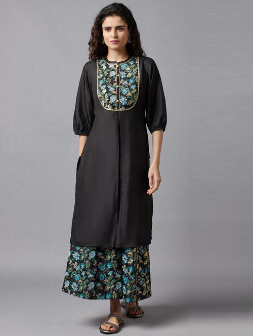 women black mandarin neck kurta palazzo set - 18217595 - Very Small Image - 1