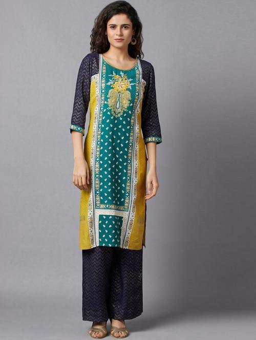 green viscose straight kurta palazzo set - 18217605 - Very Small Image - 1