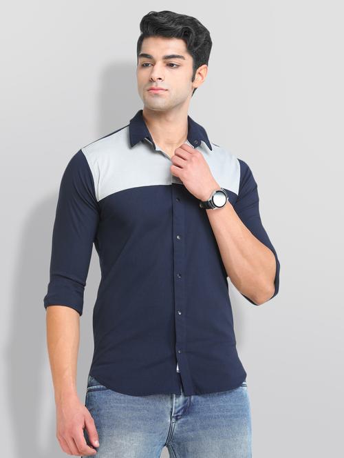 navy blue color-blocked casual shirt - 18217824 - Very Small Image - 1