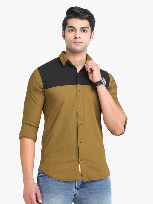 khaki color-blocked casual shirt - 18217826 - Very Small Image - 1