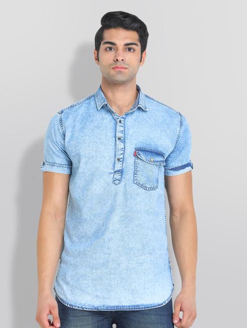 light blue solid denim casual shirt - 18217882 - Very Small Image - 1