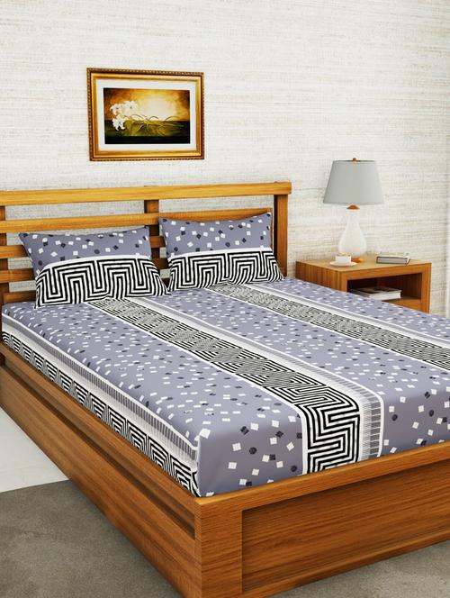 austin 110gsm micro-peached double bedsheet with 2 pillow cover -soft-finish fabric -3pc set (envogue) floral-grey/black - 18219403 - Very Small Image - 1