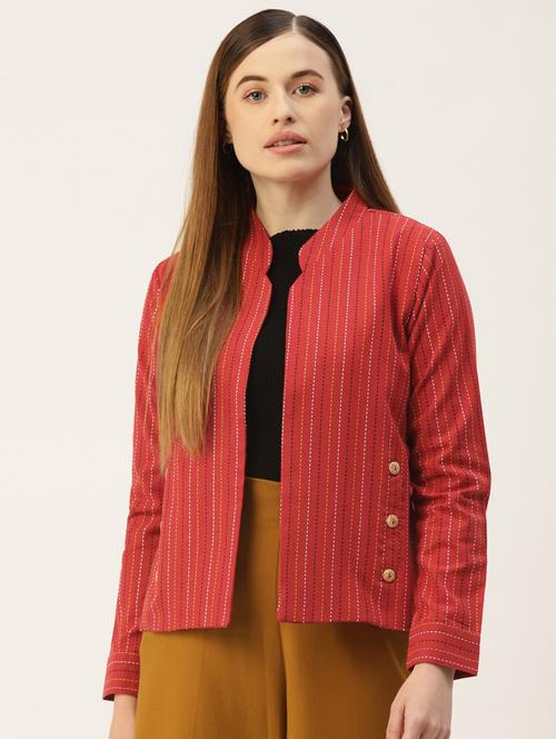 open-front mandarin neck kantha regular jacket - 18221312 - Very Small Image - 1