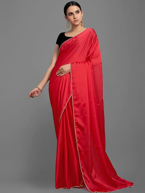 red satin plain saree with blouse - 18221536 - Very Small Image - 1