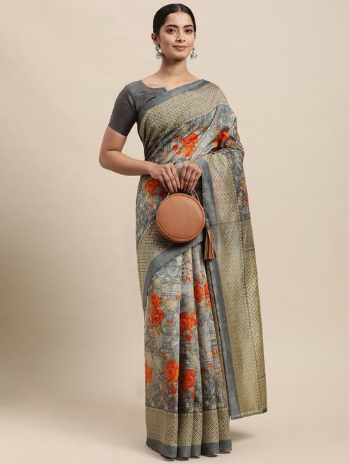 women's floral grey colored saree with blouse - 18222395 - Very Small Image - 1