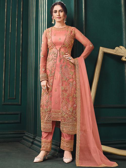 embroidered semi-stitched straight pant suit set - 18223488 - Very Small Image - 1