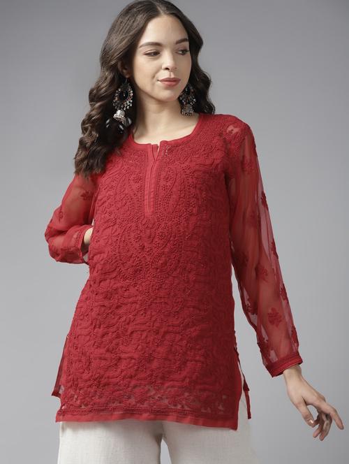 ada hand embroidered red georgette lucknow chikan kurti with slip - 18223526 - Very Small Image - 1