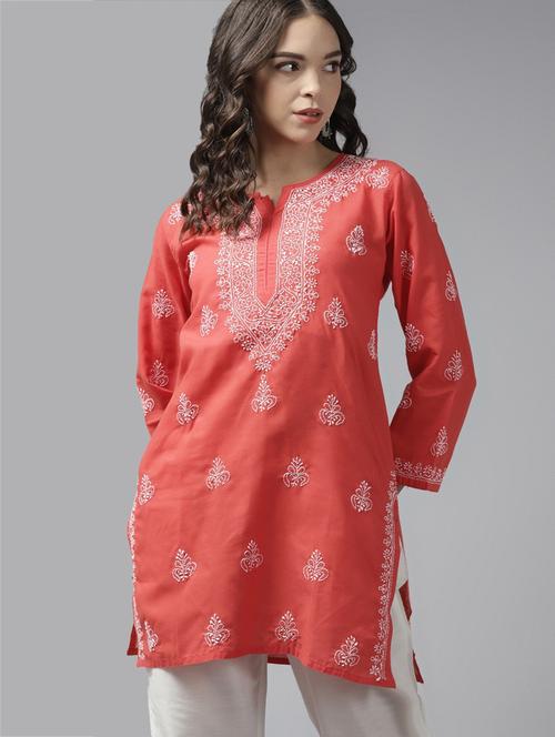 ada hand embroidered coral red cotton lucknow chikan kurti - 18223530 - Very Small Image - 1
