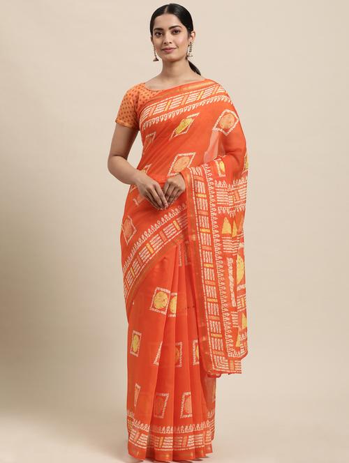 orange cotton blend printed saree - 18223555 - Very Small Image - 1