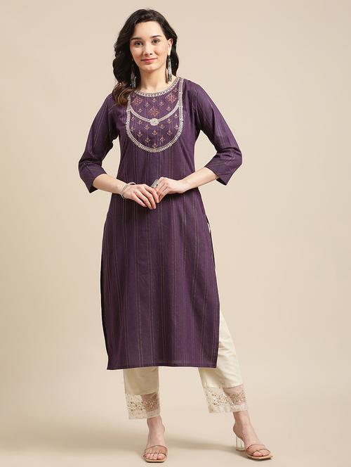 purple cotton straight kurta - 18223840 - Very Small Image - 1