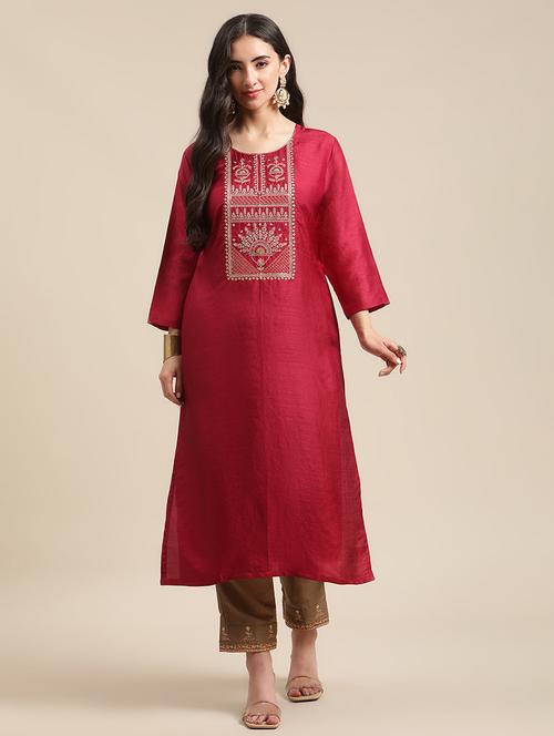 maroon silk straight kurta - 18223842 - Very Small Image - 1