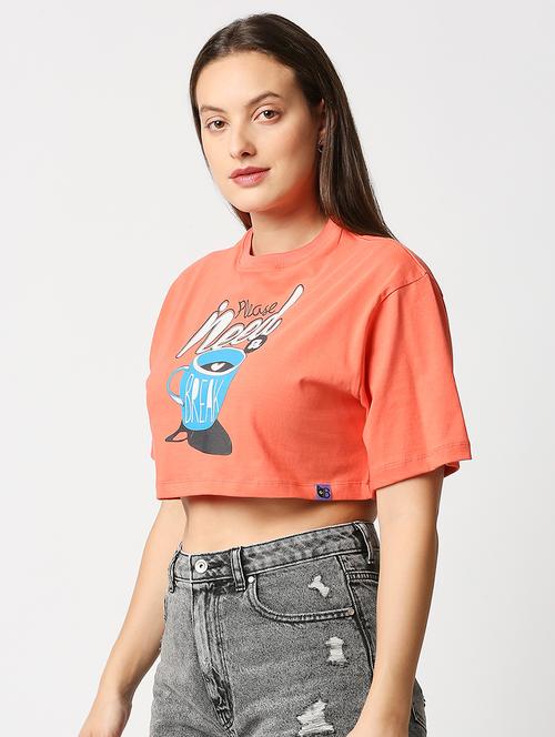 orange printed round neck crop t-shirt - 18224352 - Very Small Image - 1