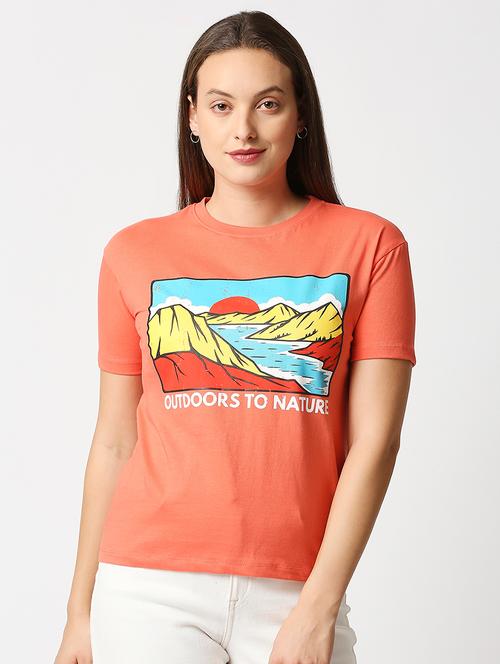 orange printed round neck t-shirt - 18224378 - Very Small Image - 1