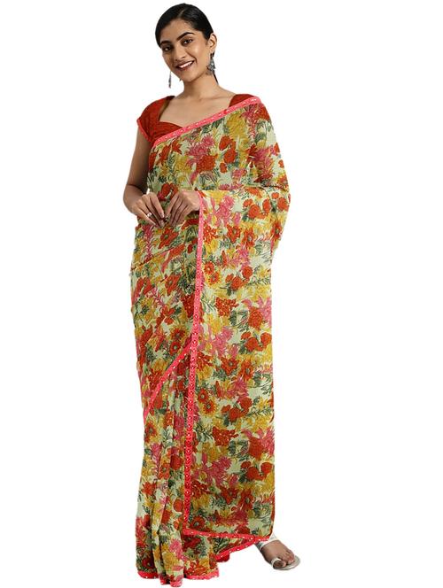 yellow chiffon printed saree with blouse - 18225148 - Very Small Image - 1