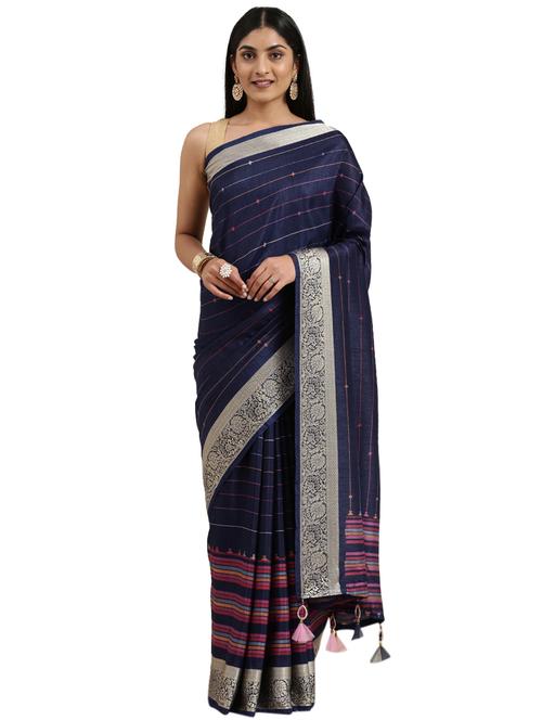 navy silk printed saree with blouse - 18225149 - Very Small Image - 1