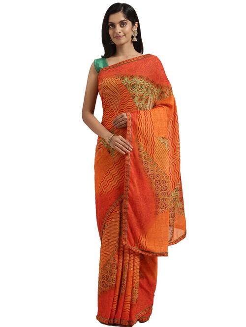 orange georgette printed saree with blouse - 18225168 - Very Small Image - 1