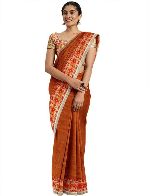 orange chanderi plain saree with blouse - 18225181 - Very Small Image - 1