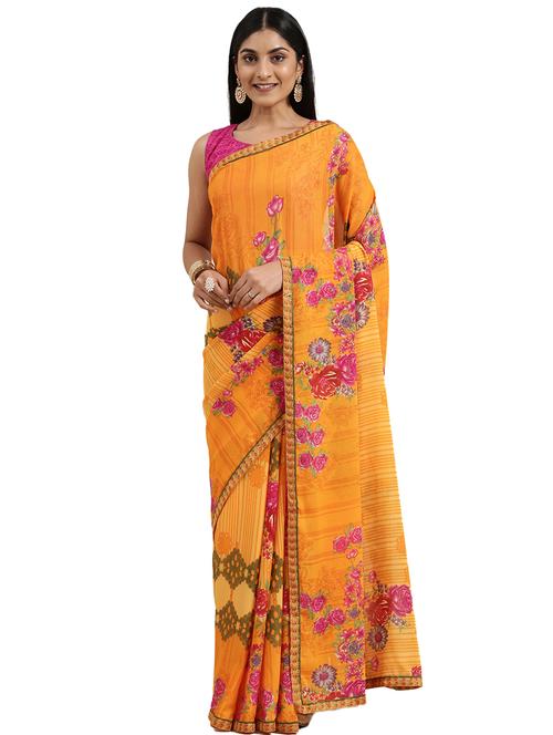 yellow georgette printed saree with blouse - 18225195 - Very Small Image - 1