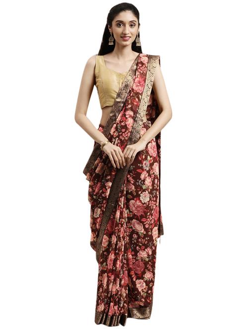 brown georgette printed saree with blouse - 18225197 - Very Small Image - 1