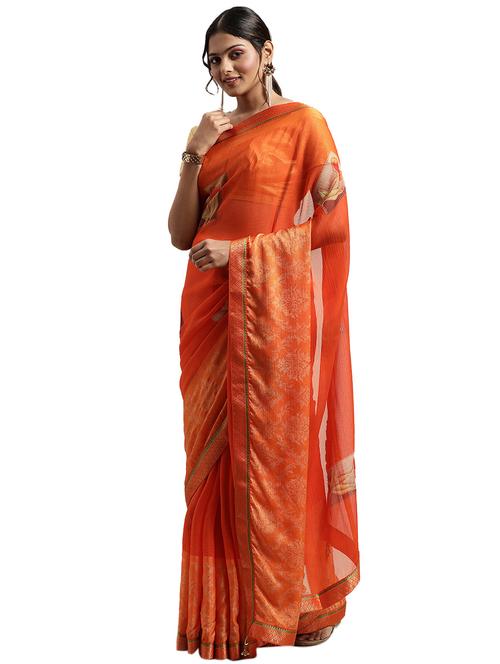 orange chiffon printed saree with blouse - 18225207 - Very Small Image - 1