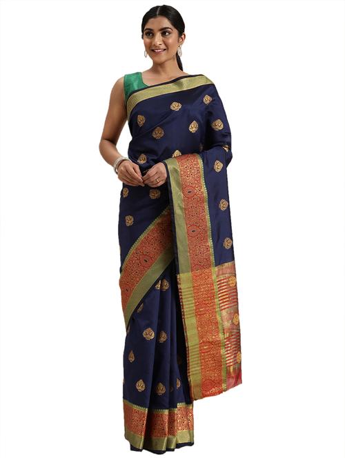 navy art silk saree with blouse - 18225217 - Very Small Image - 1